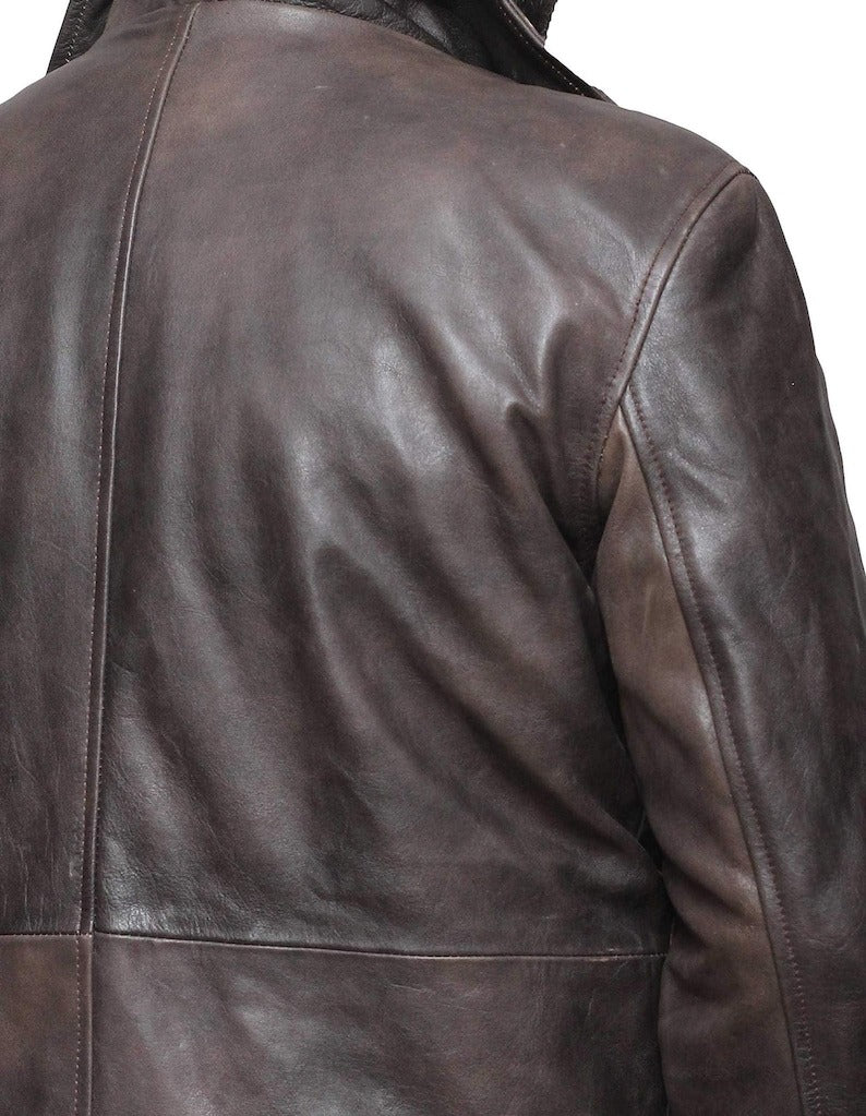 Men’s Dark Brown Leather Coat Jacket with Button Closure